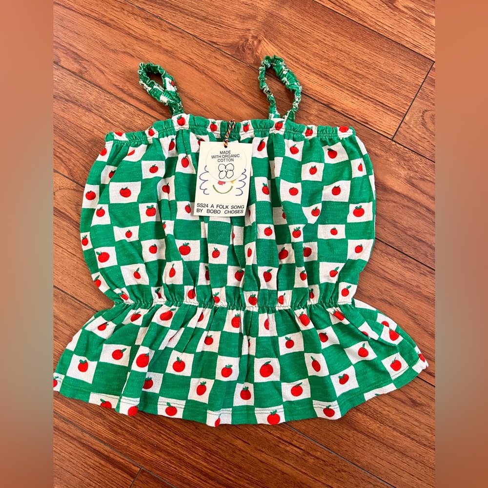 Bobo Choses Green Romper with Red Apple Design
